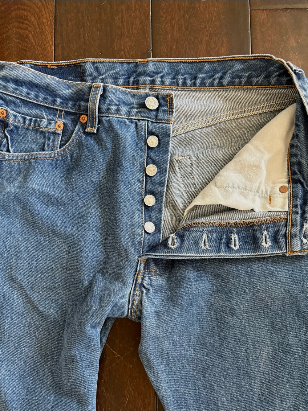 Vintage 90’s Levi's 501 Button-Fly Med/Dark Wash Blue Jeans - Made in USA - Picture 4 of 10